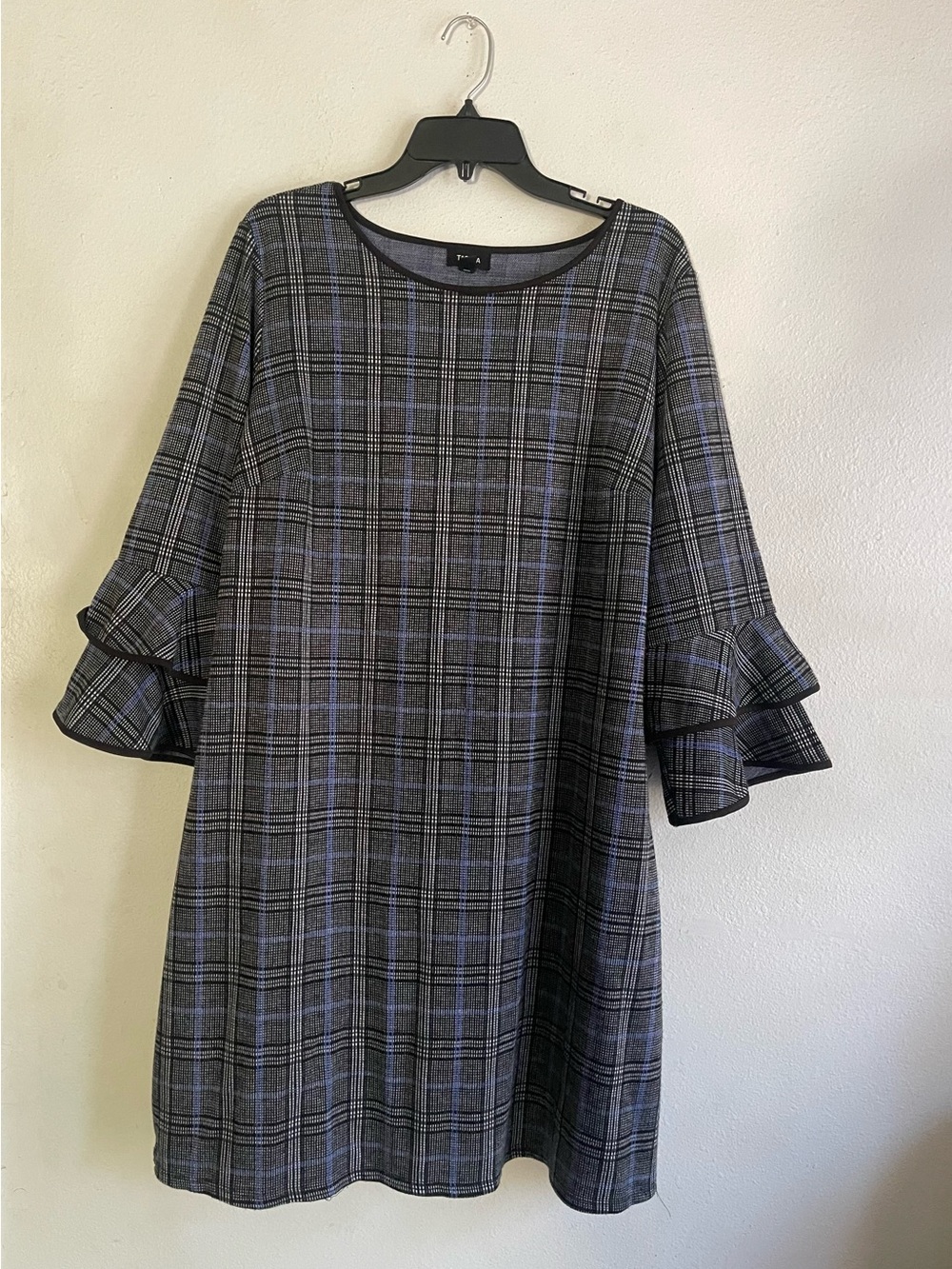 Tacera Gray Plaid Midi Dress with Blue Accents